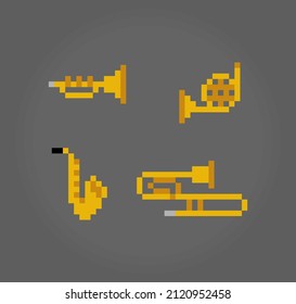 trompeta de Pixel de 8 bits. píxeles de instrumentos musicales en la ilustración vectorial para el activo de juego o el patrón de puntos cruzados.