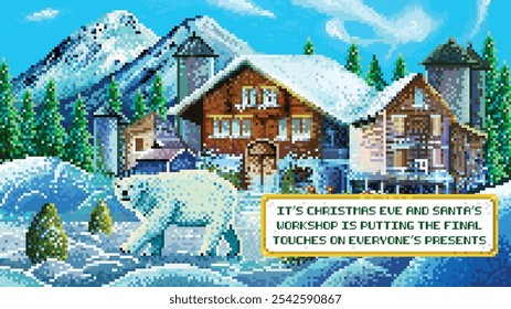 8-Bit-Pixel-Vektorgrafik einer Außenansicht der Werkstatt des Weihnachtsmannes an Heiligabend. Ein Storypanel stellt unsere Weihnachtsabendszene vor. Ein Eisbär geht an der Werkstatt des Weihnachtsmannes vorbei