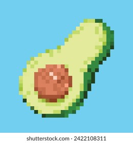 8 bit pixel vector illustration of raw sliced in half avocado isolated on square blue background. Simple flat Persea americana cartoon retro game art styled drawing.