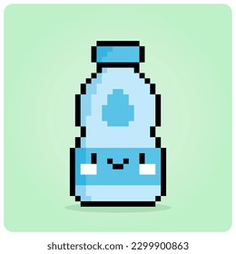 8 bit Pixel Water Bottle. Kawaii of water drink on the bottle for game assets in vector illustrations.