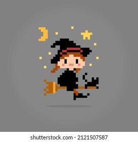 8 bit pixel the witch flying with a broom, and a black cat with her in vector illustration for game asset or cross stitch pattern