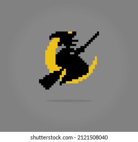 8 bit pixel the witch flying with a broom, in vector illustration for game asset or cross stitch pattern