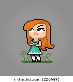 8 bit of pixel women's character. angry girl in vector illustrations for game assets or cross stitch patterns.
