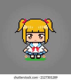 8 bit of pixel women's character. Pixel School girl in vector illustrations for game assets or cross stitch patterns.