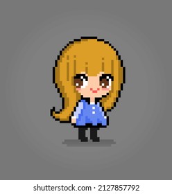 8 bit of pixel women's character. Anime cartoon girl in vector illustrations for game assets or cross stitch patterns.