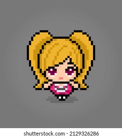 8 bit of pixel women's character. Anime cartoon girl in vector illustrations for game assets or cross stitch patterns.
