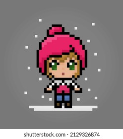 8 bit of pixel women's character. Anime cartoon girl wears a hat in vector illustrations for game assets or cross stitch patterns.