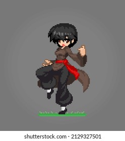 8 bit of pixel women's character. Anime Cartoon kung fu Girl in vector illustrations for game assets or cross stitch patterns.