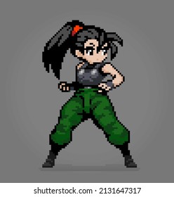 8 bit of pixel women's character. Women's anime army in vector illustrations for game assets or cross stitch patterns.