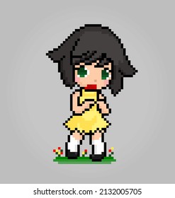 8 bit of pixel women's character. Womens anime embarrassed in vector illustrations for game assets or cross stitch patterns.