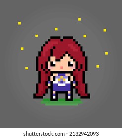 8 bits del personaje de mujeres píxel. Niña animada en ilustraciones vectoriales para activos de juego o patrones de puntos cruzados.