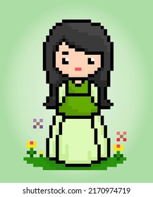 8 bit of pixel women's character. Anime cartoon girl in vector illustrations for game assets or cross stitch patterns.
