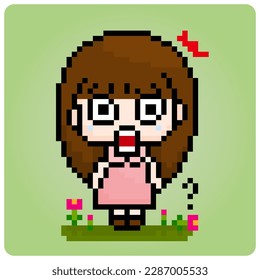 8 bit of pixel women's character. surprised girl in vector illustrations.