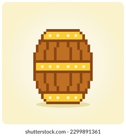 8 bit pixel wooden barrel in vector illustration for game assets.