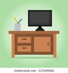 8 Bit Pixel work place in Vector Illustration for Game Assets. Flat desktop on desk in Pixel Art.