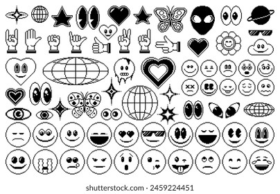 8 bit pixel y2k icons and emoji. Isolated monochrome vector 8bit abstract set of retro ui elements in the mood of 90s aesthetics. Hand gestures, facial emotions and smiles, heart, eyes and globes,