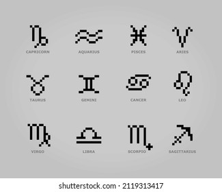 8 bit pixel zodiac set. Stars symbol for astrology horoscope. Astrological calendar collection in vector illustration.