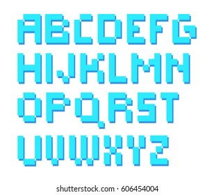 8 bit pixelated square alphabet letters. Turquoise.