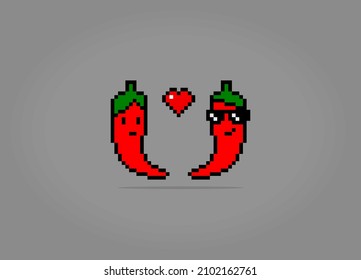 8 bit pixels a chili pair falling love. Vegetable icon for game assets and cross stitch patterns in vector illustrations.