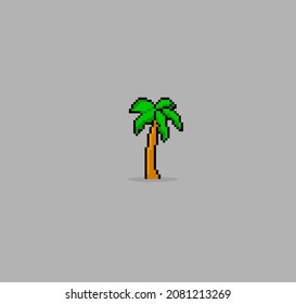 8 bit pixels coconut tree. Beach tree for game assets in vector illustration.