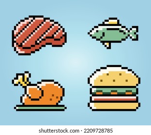 8 Bit Pixels collection Healthy food, roast beef, roasted chicken, fish, and burger. foods icon for retro games in vector illustrations.