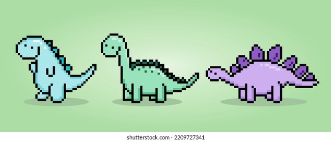 8 bit pixels dinosaur T-Rex, Brontosaurus, and Stegosaurus. Animals in vector illustrations