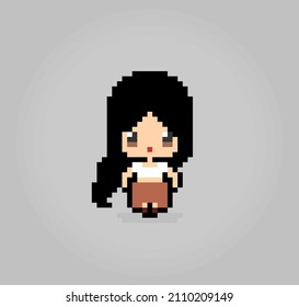 8 bit pixels girl with long hair, female for game assets and cross stitch patterns in vector illustrations.