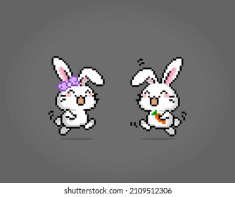 8 bit pixels Happy rabbit pairs. Animals for game assets and cross stitch patterns in vector illustrations.