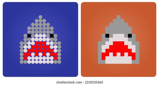 8 bit pixels head of shark. Animal for asset games and Beads pattern in vector illustration