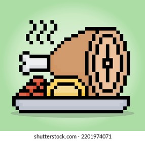 8 Bit Pixels Healthy food in a bowl, isolated meat. foods for game assets and cross stitching patterns in vector illustrations.