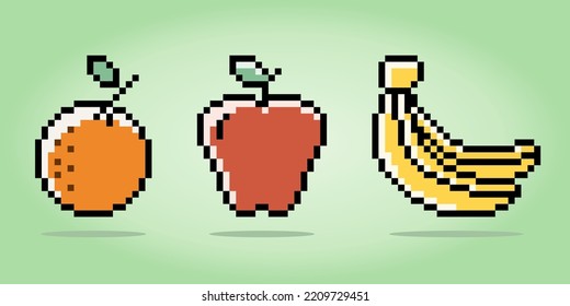 8 Bit Pixels Healthy food, orange fruits, apple fruits, and banana. Vegetarian foods icon for Retro games in vector illustrations.
