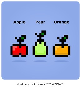 8 Bit Pixels Healthy food, orange fruits, apple fruits, and pear. Vegetarian foods icon for Retro games in vector illustrations.