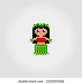 8 bit pixels of hula dancer. Hawaii tradition for game assets and cross stitch patterns in vector illustrations.
