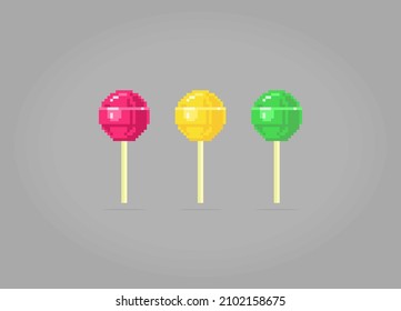 8 bit pixels lollipop. Food icon for game assets and cross stitch patterns in vector illustrations.