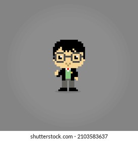 8 Bit Pixels A Man Wearing Glasses. Human In Vector Illustrations For Game Assets And Cross Stitch Patterns In Vector Illustrations.