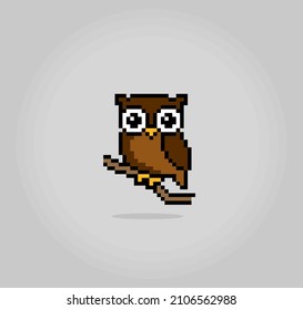 8 bit pixels owl on tree. Animals for game assets and cross stitch patterns in vector illustrations.