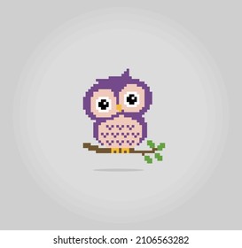 8 bit pixels owl on tree. Animals for game assets and cross stitch patterns in vector illustrations.