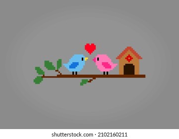 8 bit pixels a pair of birds. Animals for game assets and cross stitch patterns in vector illustrations.