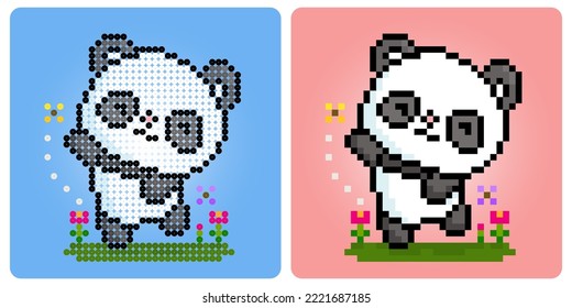 8 bit pixels, panda catching a butterfly. Animals for game assets and beads pattern in vector illustrations.