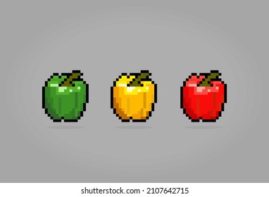 Paprika de 8 bits en píxeles. verduras para activos de juego y patrones de puntos cruzados en ilustraciones vectoriales.