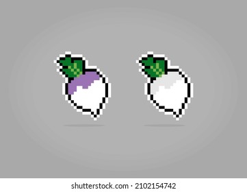8 bit pixels radish. Vegetables for game assets and cross stitch patterns in vector illustrations.