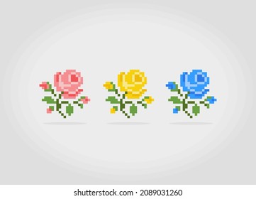 8 bit pixels of roses. flowers for Cross Stitch patterns, in vector illustrations.
