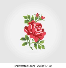 8 bit pixels of roses. Red flowers for Cross Stitch patterns, in vector illustrations.