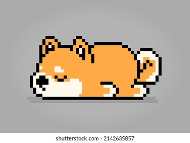 8 bit pixels Shiba Inu dog is sleeping. Animal pixels for asset games or Cross Stitch patterns in vector illustrations.