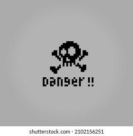 8 bit pixels skull with danger text. Sign icon for game assets and cross stitch patterns in vector illustrations.