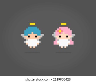 8 bit pixels two angels. Angel pixels in vector illustrations.