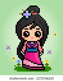 8 bit pixels women wear Hanfu dresses. Chinese girls in vector illustrations for game assets or cross stitch patterns.