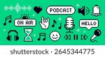 8 Bit Podcast Icon Set. Pixel art stickers related to music and radio. Badges with microphone, headphones, equalizer and notes. Flat vector illustration collection isolated on background