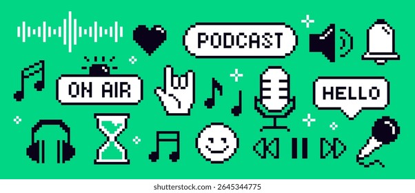 8 Bit Podcast Icon Set. Pixel art stickers related to music and radio. Badges with microphone, headphones, equalizer and notes. Flat vector illustration collection isolated on background