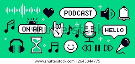 8 Bit Podcast Icon Set. Pixel art stickers related to music and radio. Badges with microphone, headphones, equalizer and notes. Flat vector illustration collection isolated on background